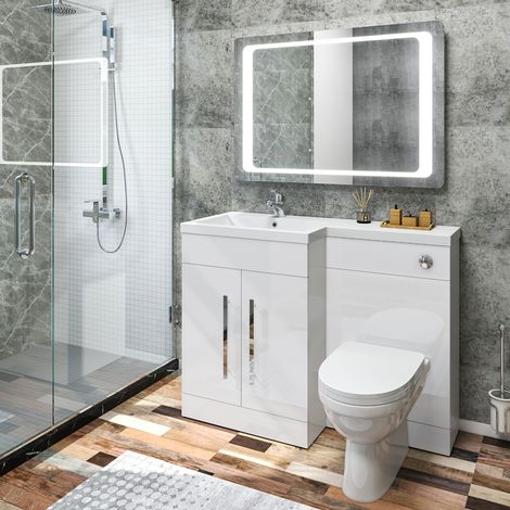ELEGANT 1100mm L Shape Left Hand Bathroom Vanity Sink Unit Furniture Storage, High Gloss White Vanity unit + Basin + Ceramic D shaped Toilet with Concealed Cistern (1/5)