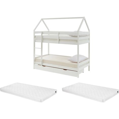 Lits superposés cabane 2 x 90 x 190 cm - 2 tiroirs - Pin - Blanc + Matelas - CHORI (1/5)