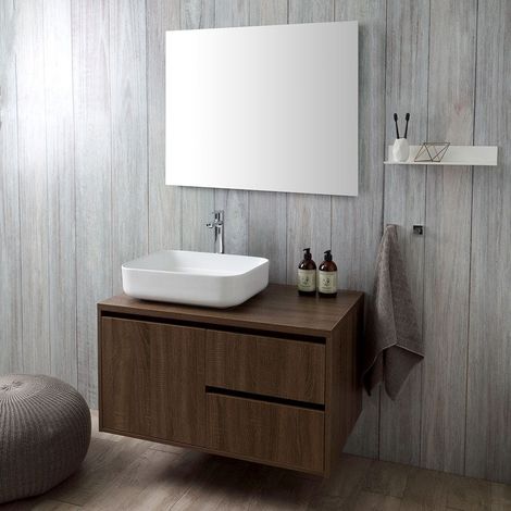 Kiamami Valentina – Meuble de salle de bain suspendu 90cm noyer foncé – Lavabo d'appui céramique blanche – Miroir 70x90 – Tiroirs avec fermeture soft-close (1/5)