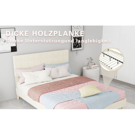 Lit en tissu moderne beige profond avec tête de lit capitonnée à carreaux style luxe léger, pour petite chambre principale ou seconde chambre, lit double, taille du matelas: 140 cm × 200 cm, beige (1/5)