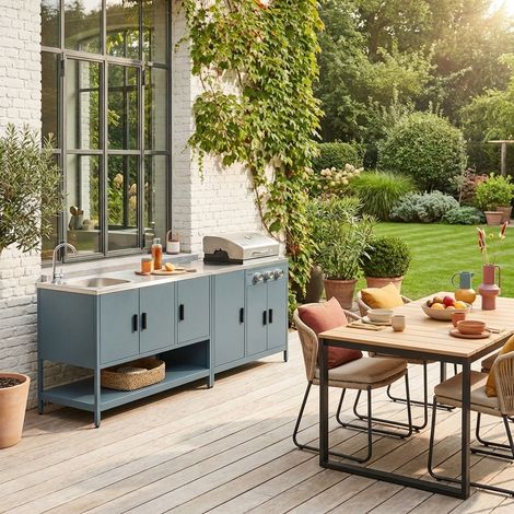 Cuisine extérieure Naxos 2 modules acier inoxydable bleu gris barbecue gaz 3 brûleurs avec évier (1/5)