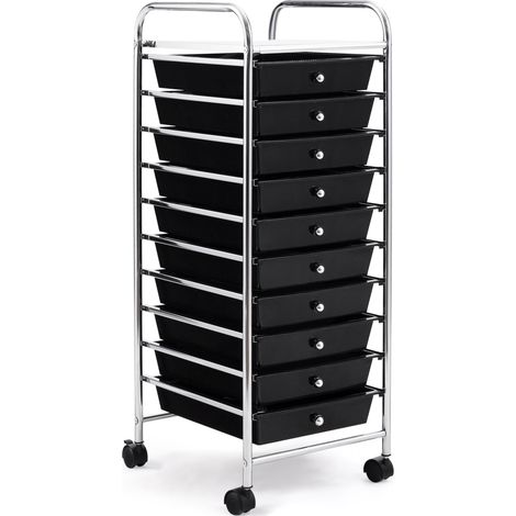 Carro de almacenamiento con ruedas 33 x 38 x 86 cm con 10 cajones extraíbles compacto y práctico hierro negro 200018562