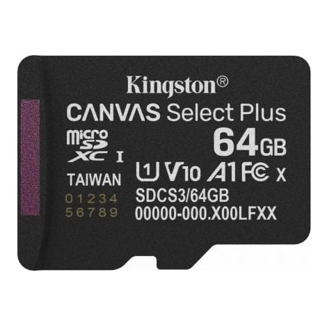 Kingston Technology 64GB micSDXC Canvas Select Plus Gen3 100R A1 (Adaptador de SD no incluido)