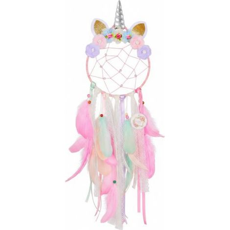 Attrape-rêves licorne pour filles – Attrape-rêves rose avec plumes et fleurs – Décoration murale pour chambre d'enfant – Cadeau pour filles (1/5)