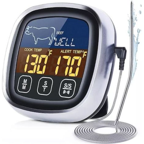 Thermomètre de cuisine numérique pour viande et liquides, écran tactile, lecture rapide, minuterie, alarme, 8 types de viande, 5 niveaux de cuisson, support magnétique, sonde étanche en acier inoxydab