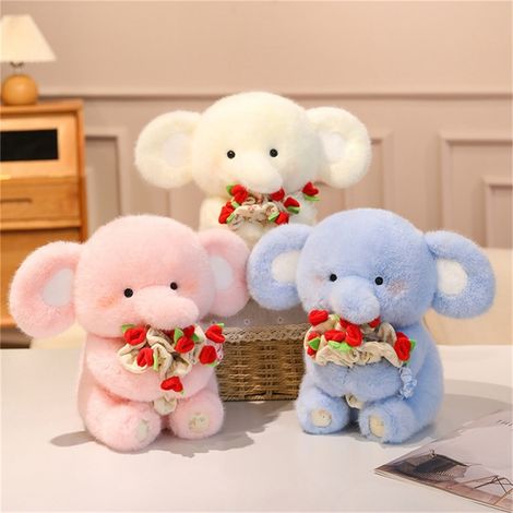 Elephant - Peluche en tissu moelleux - Bouquet de roses amovible - Décoration intérieure et tableau de bord - 1 pièce (1/5)