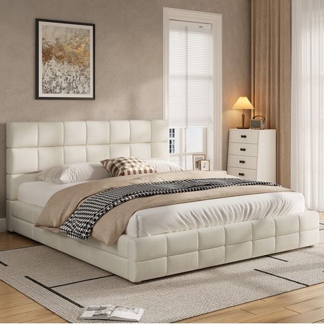 Lit plateforme capitonné 180x200 cm en velours beige avec tête de lit, OKWISH (1/5)