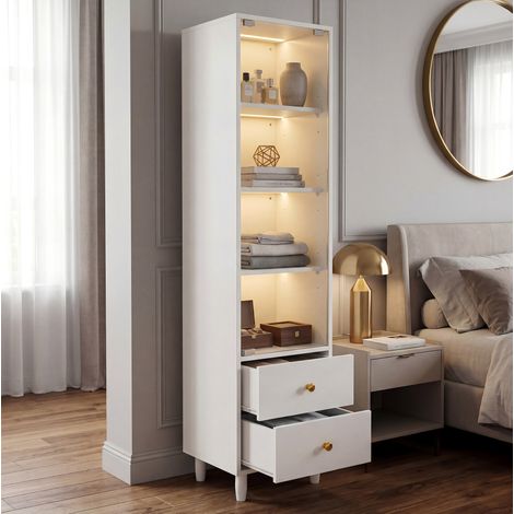 Vitrine mit LED-Beleuchtung, modernes Bücherregal mit Glastüren und 2 Schubladen, Vitrine für Sammlerstücke, moderner Stil mit goldenen Griffen, weiß–H165/B40/T35cm (1/5)