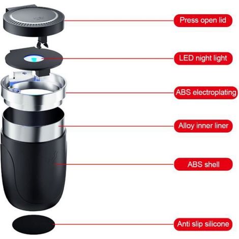 Cendrier de voiture lumineux, avec couvercle, avec lumière LED, pour véhicule, porte-cendrier Portable et détachable, noir (1/4)