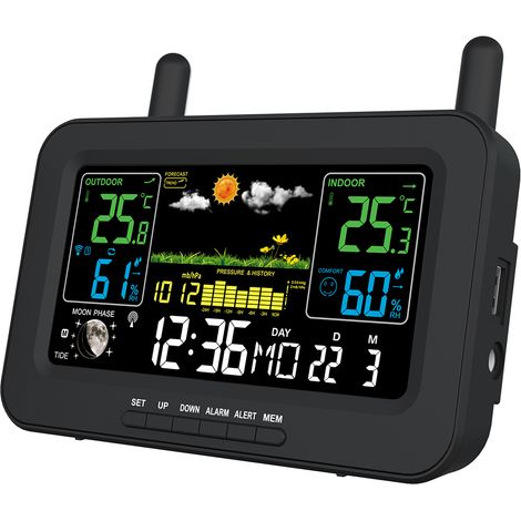 SJLERST Station météo sans fil avec capteur extérieur, Thermomètre Hygromètre intérieur extérieur Prévisions météo Pression de l'air Niveau de confort Risque de moisissure Réveil 433MHz RF 3CH (1/5)