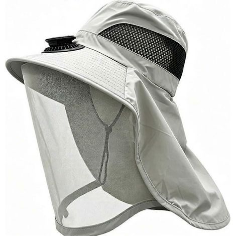Chapeau ventilé solaire moustiquaire intégrée double alimentation solaire/USB protection visage cou large bord gris clair (1/5)