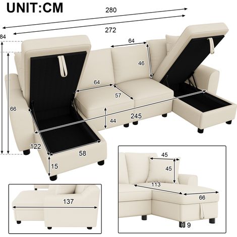 Canapé d'angle moderne en chenille, 2 places avec deux méridiennes, deux coussins, méridiennes avec compartiment de rangement dépliable, canapé modulable multifonctionnel, beige, dimensions : 280 × 13 (1/5)