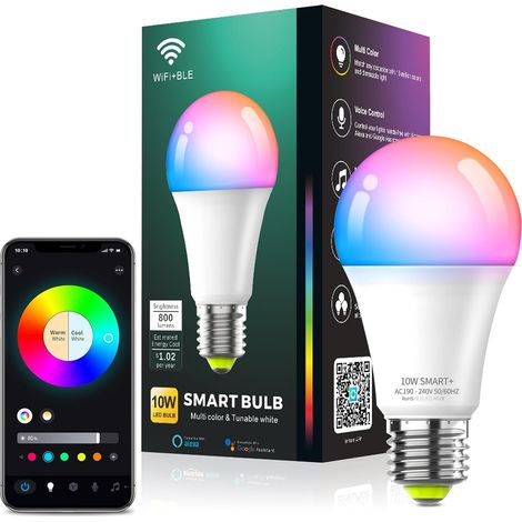 Ampoule Connectée WiFi, Ampoule LED E27 Multicolore 3000K-6500K, Dimmable 9W 806Lm, Commande Vocale, Economie d'énergie (1/5)