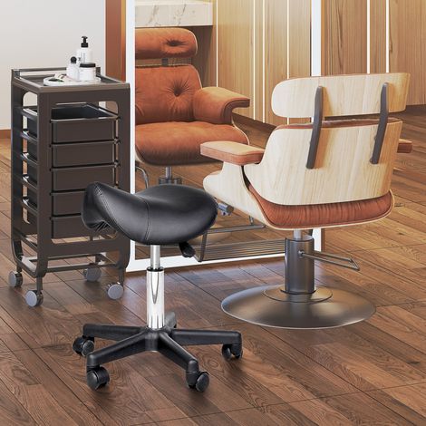 Tabouret selle 45x55x45 cm noir en cuir reconstitué avec hauteur réglable, roulettes et rotation 360° (1/5)