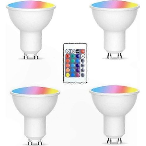 Lot de 4 ampoules LED GU10 avec télécommande, fonction mémoire, 17 options de couleur, faisceau lumineux réglable et 4 modes dynamiques. (1/5)