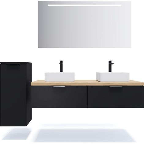 Meuble de salle de bain suspendu 2 vasques à poser 140cm 2 tiroirs Noir + miroir + colonne ouverture gauche - Soho (1/5)