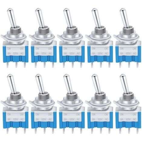 10 Pcs Blue Mini ON/OFF Toggle Switch 3 Terminals 2 Position SPDT Metal Rocker Switch AC 125V 6A for Car Truck Boat MTS-102 (1/4)