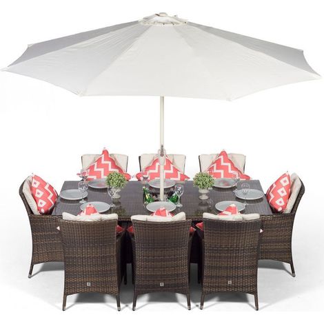 Savannah Rectangle 8 Seat Rattan Dining Set w Ice Bucket Drinks Cooler - Brown (1/5)