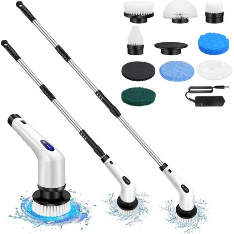 Brosse de nettoyage rotative électrique, ensemble de brosses de nettoyage électriques 10 en 1, nettoyage puissant à deux vitesses, tige d'extension réglable, convient aux salles de bains, cuisines, fe (1/5)