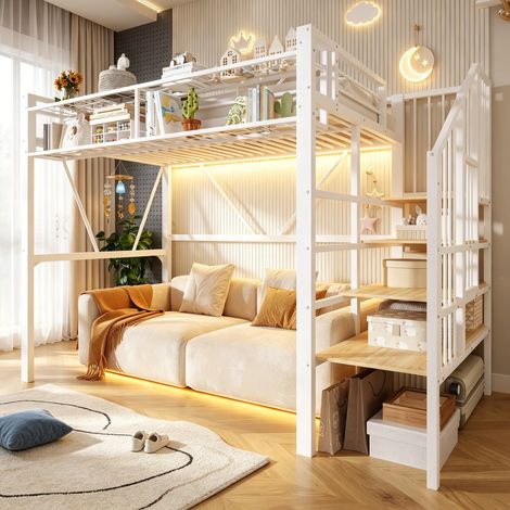 Lit mezzanine enfant 90x200cm avec ruban LED et panier de rangement,métal lit superposé avec étagère,escalier,panneaux en treillis,sans matelas,Blanc (1/5)