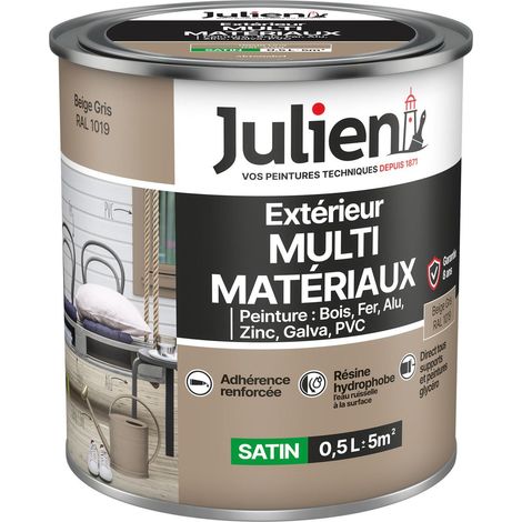 Julien Peinture Multi-Matériaux Satin en phase Aqueuse - Bois, Fer, Alu, PVC, Zinc, Acier galvanisé, brut ou peint - Beige Gris 0,5 L
