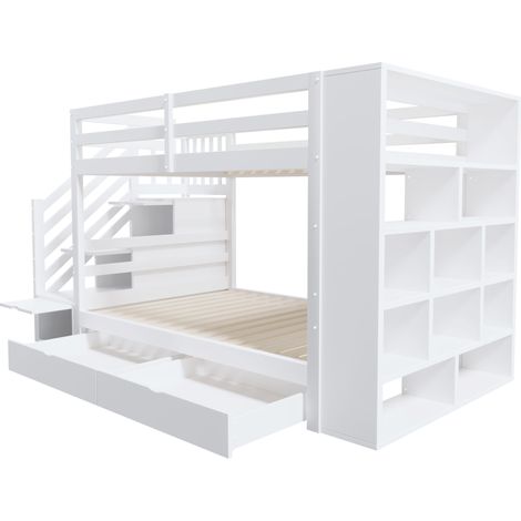 Cama alta 90 x 200 cm con escalera de almacenaje, cajones, estantes, pino, blanco (1/5)