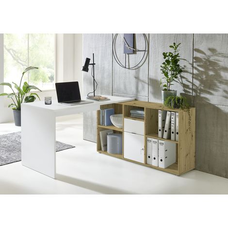 BMG Möbel Eckschreibtisch Lena (mit abschließbarer Tür, Winkelschreibtisch, Homeoffice, Bürotisch) in weiß/ Artisan Eiche