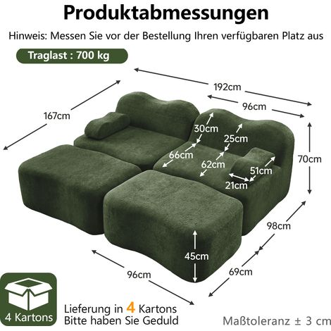 Canapé modulable 2 places avec 2 poufs, canapé sans armatures en mousse haute densité 32D, coussins d'accoudoirs amovibles, vert (1/5)