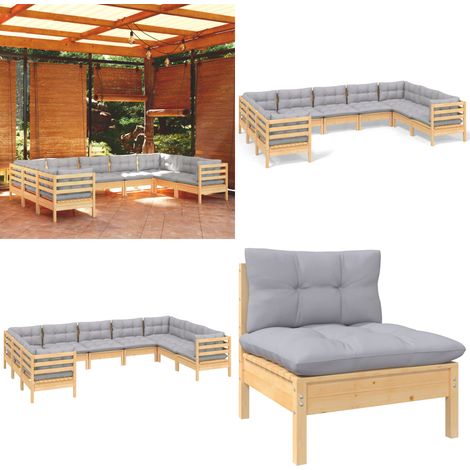 9-tlg. Garten-Lounge-Set mit Grauen Kissen Kiefernholz - Garten-Lounge-Set - Garten-Lounge-Sets - Home & Living (1/5)