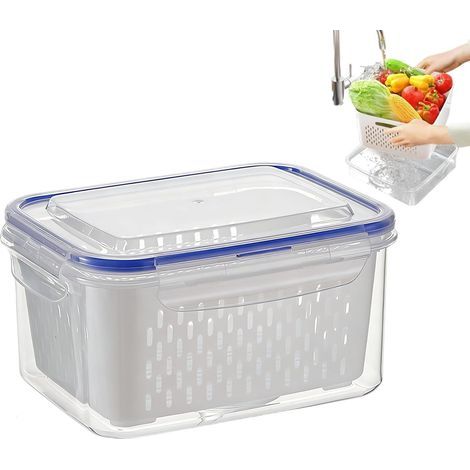 Stapelbare, auslaufsichere Kühlschrank-Aufbewahrungsboxen, transparente Obst- und Gemüsebehälter, herausnehmbarer Siebeinsatz, vielseitiges Kühlschrank-Organizer-Set (1/5)
