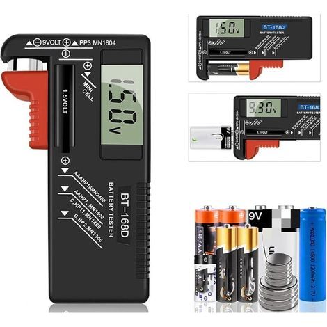 Comprobador de baterías digital, comprobador de baterías universal, comprobador de baterías, para pilas AA, AAA, C, D, PP3, 9V, 1.5V y de botón - Funciona sin pilas (1/4)