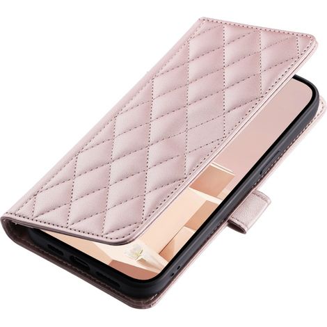 Funda tipo bandolera de piel con diseño de rombos para iPhone 16 Pro, color oro rosa. (1/5)