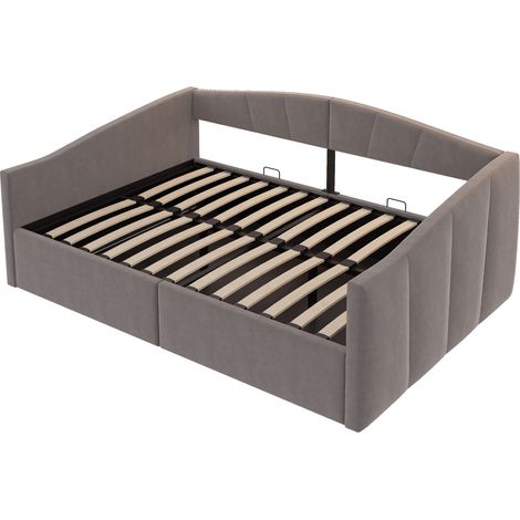 Cama arcón tapizada 140 x 200 cm con almacenamiento hidráulico, somier de lamas, terciopelo gris (1/5)