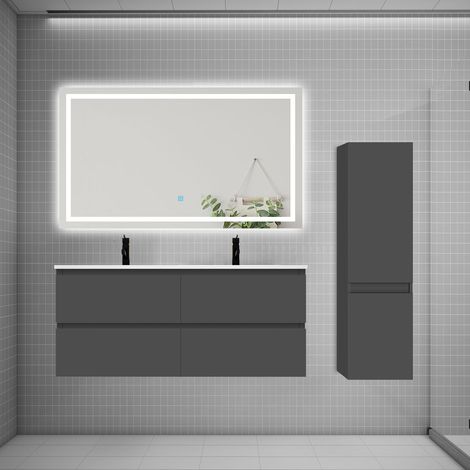 AICA Ensemble meuble double vasque L.120cm 4 tiroirs + lavabo + LED miroir + colonne anthracite (1/5)