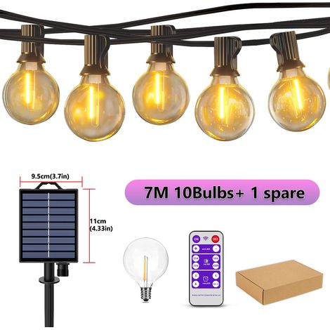 (7M 10 LED) Guirlande lumineuse solaire d'extérieur, lampes de jardin G40, résistantes aux intempéries, adaptées aux cours arrière. (1/5)