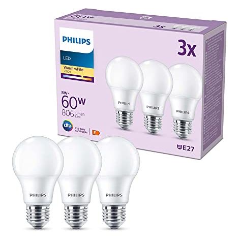 Ampoule LED - PHILIPS - 60 W - E27 - Blanc chaud - Dépolie - Non-Dimmable - 3 pieces (1/4)