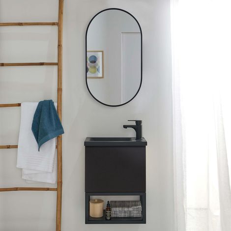 NOVA Waschbeckenset aus Metall und Holz mit schwarzem Wasserhahn und ovalem Spiegel