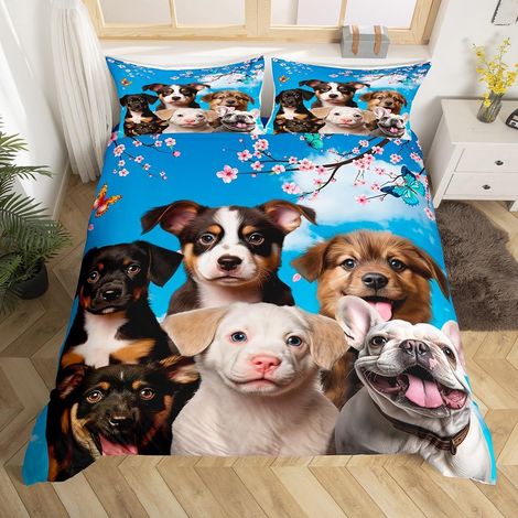 Housse de Couette 140x200 Chien pour Enfant Fille Garçon, Parure de Lit Fleurs de Cerisier, Sets de Housses de Couettes Papillon Bleu, Couvre Lit Chiot Carlin Mignon Kawaii - 140x200cm + 1 Taie Oreill (1/5)