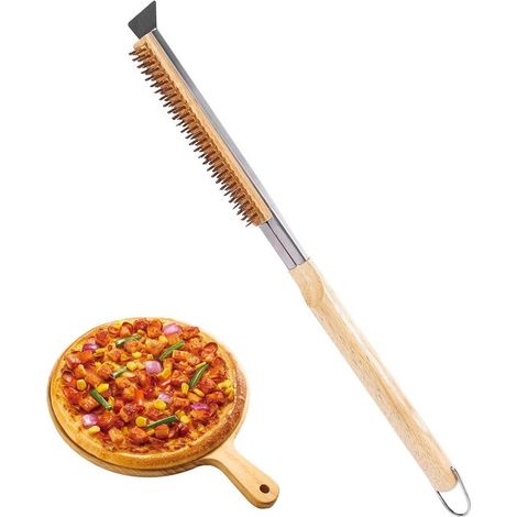 Pizzaofenbürste – Grillreiniger – Ofenreinigung – mit Metallschaber – 53 cm – Holzfarben
