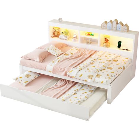 Letto da giorno 90x200 cm bianco con letto estraibile, luce ambientale LED, vano laterale, presa USB e multipresa, in pannello truciolare e MDF – CHICFURN (1/5)