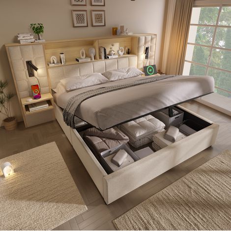 Lit coffre 180x200 avec LED, 2 liseuses, chevets intégrés, USB-C, beige DESVIAE (1/5)
