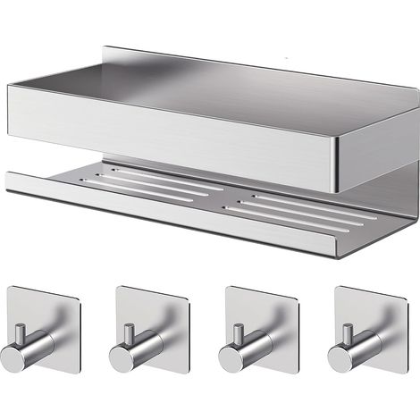 Duschablage ohne Bohren, verdickte Badezimmerablage aus Edelstahl 304, verbesserte Version der Badezimmerablage ohne Bohren – Badezimmeraccessoire mit 4 Haken (1/5)