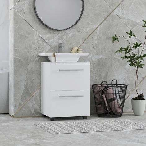 Mueble de baño, tocador con cajón, compacto, aglomerado, blanco (1/5)