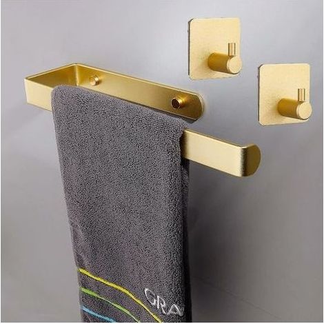 2 Pack Adhesive Towel Rack For Bathroom And Kitchen - With Hooks - Self Adhesive Wall Mounted Towel Holder (gold) (1/5)