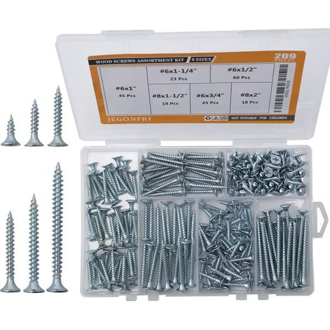 Kit de vis à bois haute résistance, 209 pièces, vis à bois à tête plate cruciforme, vis pour plaques de plâtre, assortiment de vis, jeu de vis, 6 tailles (1/5)
