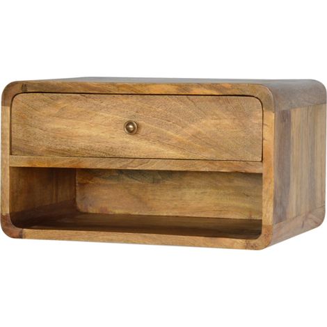 Table de chevet flottante courbe en bois massif, 1 tiroir et étagère ouverte, marron (1/5)