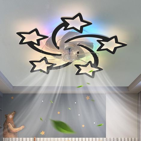 Schwarzer RGB-Deckenventilator mit Licht mit APP-Fernbedienung, Deckenventilatorlampe für Kinderzimmer, umkehrbar, 6 Geschwindigkeiten, dimmbar, Kronleuchter-Ventilator, Memory-Funktion, leises Timing