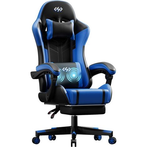 Ecofurnix, ergonomic armchair with lumbar massage cushion, adjustable backrest and footrest, black and blue (1/5)