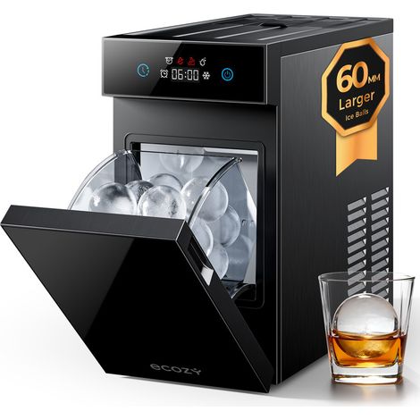 ecozy Machine à Glaçons Sphériques Ø 60 mm, Glaçons Extra Larges et Cristallins, Autonettoyage, Minuterie 8h, Écran Tactile LED, 1 Sphère en 40 Minutes