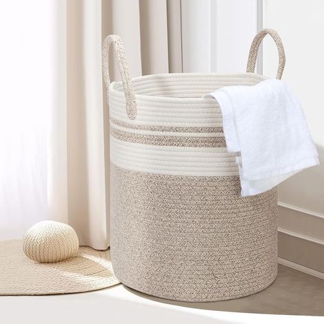 Panier à linge tressé en coton - 45 l - Avec anse - Panier à linge tressé - Panier de rangement pour chambre d'enfant, salle de bain - 35 x 40 cm - Beige + blanc (1/5)